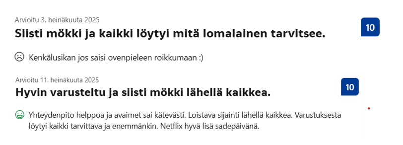 Kaarni-mökin asiakaspalautteita